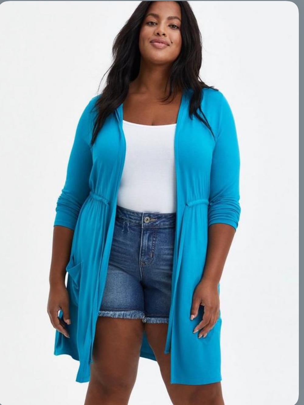 TORRID SUPER SOFT ANORAK HOODED CINCH WAIST OPEN CARDIGAN 4X long line teal blue